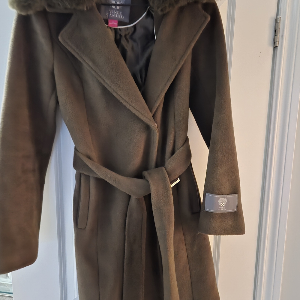 Vince Camuto Dark Olive Fur-Trimmed Trench Coat